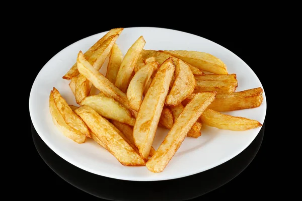 Frietjes Een Wit Bord Aardappelen Frietjes Plaat Geïsoleerd Zwart — Stockfoto