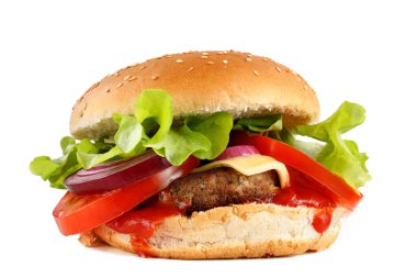Lezzetli hamburgerler. Domatesli hamburger, yeşillik, soğan ve et. Klasik Burger. Yakın çekim.