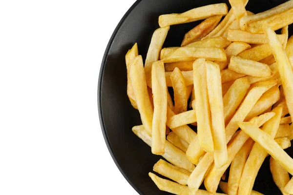 Frietjes Een Zwarte Plaat Isoleren Eet Gebakken Aardappelen Plaats Voor — Stockfoto