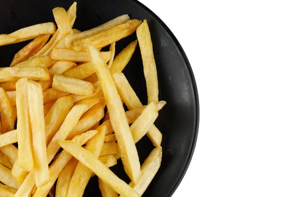 Frietjes Een Zwarte Plaat Isoleren Eet Gebakken Aardappelen Plaats Voor — Stockfoto