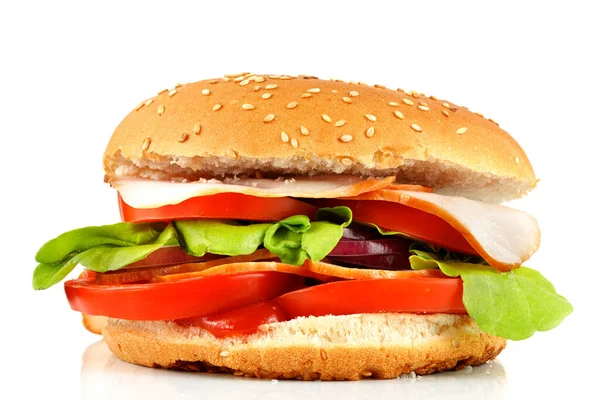Lekkere Hamburger Close Zelfgemaakte Rundvleesburger Met Tomaat Kaas Rundvlees Salade — Stockfoto