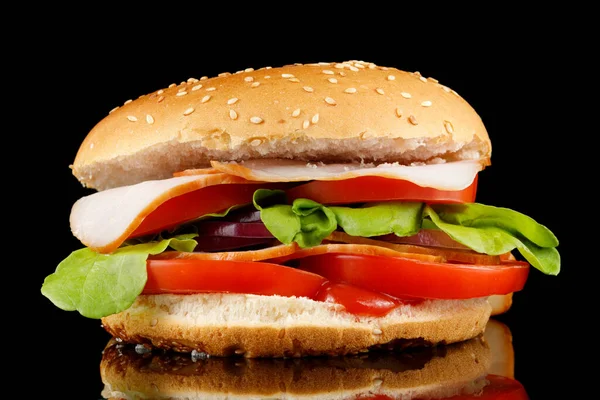 Finom Hamburger Közelkép Házi Készítésű Marhahús Burger Paradicsommal Sajttal Marhahússal — Stock Fotó