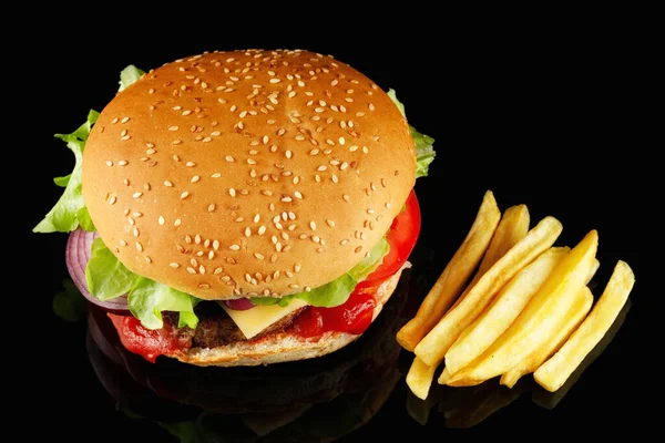 Burger Mit Salat Tomaten Käse Und Schnitzel Von Oben — Stockfoto