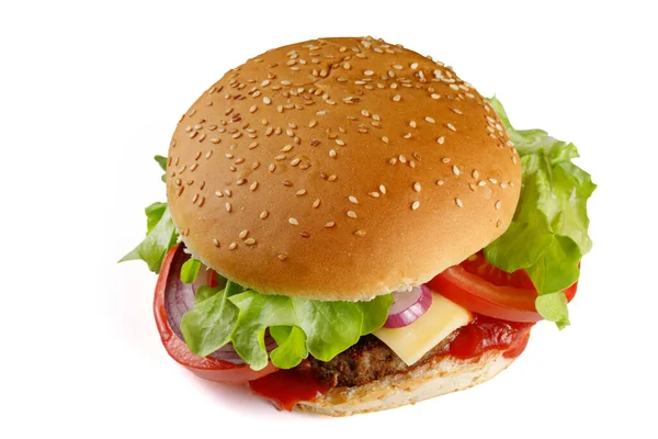Hambúrguer Top Isolado Branco Cheeseburger Com Carne Bovina Queijo Tomate — Fotografia de Stock