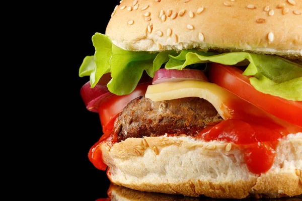 Leckere Burger Nahaufnahme Platz Für Text Bewältigen Raum Burger Mit — Stockfoto