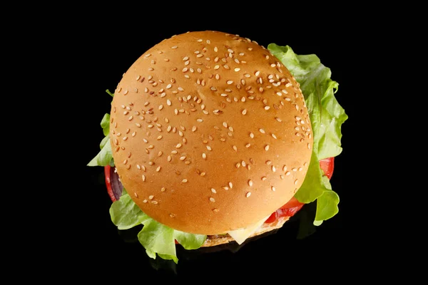 Burger Vista Superior Apetitoso Preto Hambúrguer Carne Flat Lay — Fotografia de Stock