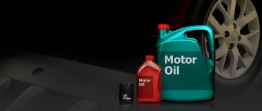 Tekerlekli ve motorlu siyah arkaplanda motor yağı ve yağ filtresi, boşluğu kopyala