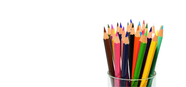 Several Colored Pencils Crayon Glass Holder Isolated Copy Space White — Stock Photo, Image