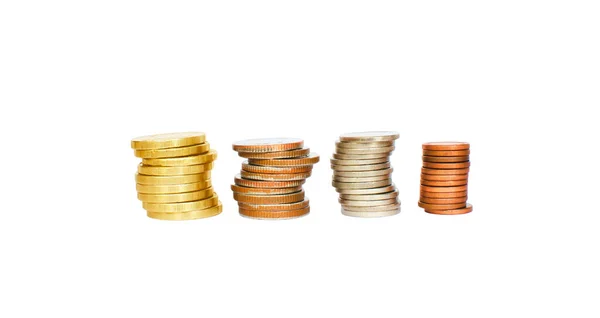 Multiple Coins Stacked Each Other Different Positions Objects Isolated White — Stock Photo, Image