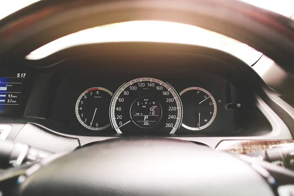 Car Speedometer Dashboard Tachometer Car Steering Wheel Sunlight — Stock fotografie