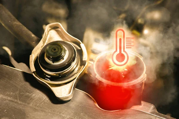 Car radiator overheating and smoke with a high temperature signal symbol.