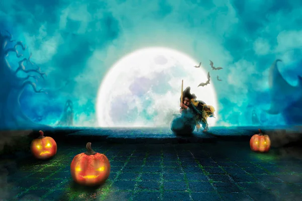 할로윈 마녀는 마법의 가마솥에 독약을 혼합하고 있습니다 Jack Lantern Pumpkin — 스톡 사진