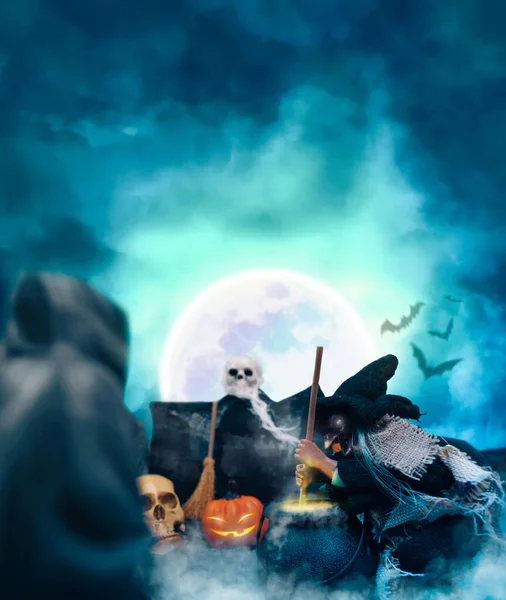 Иллюстрация Хэллоуин Фестиваль Вертикальной Концепции Фона Ведьма Делает Волшебном Котле — стоковое фото