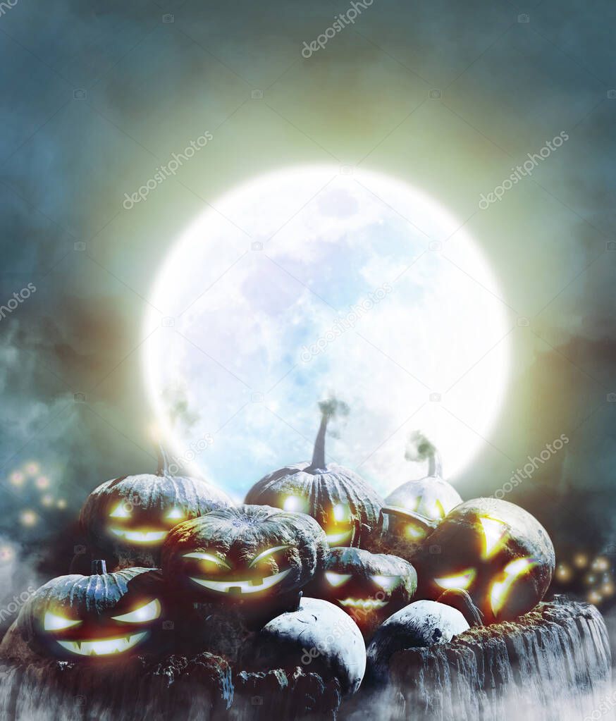 3D illustration,Halloween festival vertical background concept,Jack o lantern pumpkin piles with foggy and super full moon on background