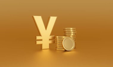 Altın arka planda Yen veya Yuan para sembolü altın para yığınının yanında. Döviz bürosu. 3d oluşturma.