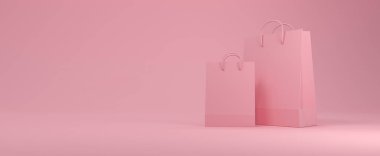 Pembe arka planda alışveriş torbaları ve alışveriş düğmeleri. 3d oluşturma.