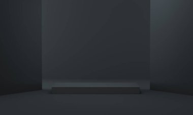 Siyah modern oturma odasındaki zarif sahne podyumu aydınlatıldı. Ürün gösterimi için lüks konsept. 3d oluşturma.