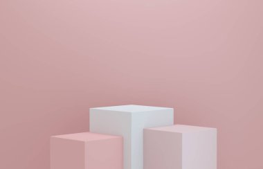 Pembe arka planda ürün sergisi için minimalist podyum şampiyonu küpleri. 3B Hazırlama.