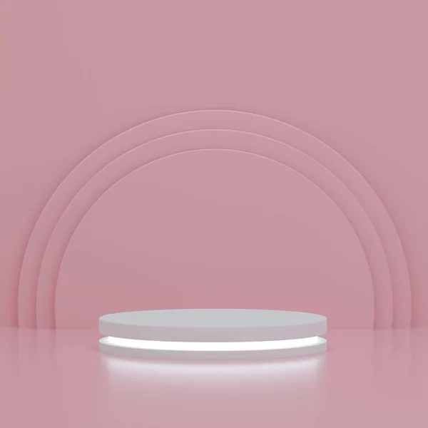 Podium with light on colorful pink circles background for exhibition products. Empty podium platform. 3D Rendering.