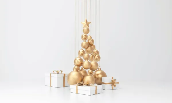 Kerstboom Gemaakt Met Kerstballen Geschenken Rond Winter Witte Studio Achtergrond — Stockfoto