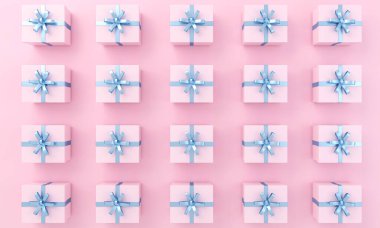 Üst manzara arka planında kurdele mavisi olan pembe hediyeler. 3B illüstrasyon.