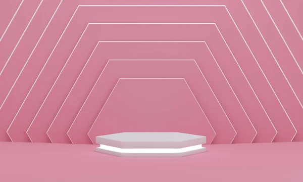 Podium Mit Licht Auf Farbenfrohem Rosafarbenen Sechseckmuster Hintergrund Zur Produktpräsentation — Stockfoto