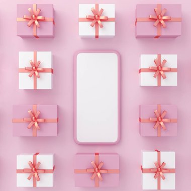Üstünde hediye kutusunun deseni olan akıllı telefon pembe arka planda. 3B illüstrasyon.