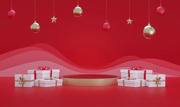 Vrolijk Kerstcadeau Met Gouden Cilindrische Product Display Kerstbal Ster Weergave — Stockfoto