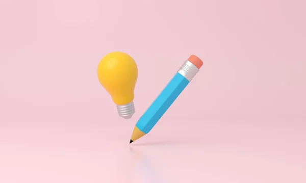 Lápiz Bombilla Sobre Fondo Rosa Minimalista Concepto Escuela Renderizado — Foto de Stock