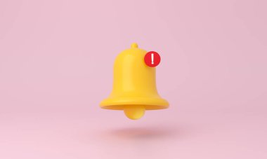 Pembe arka planda sarı uyarı zili. En küçük simge. 3d oluşturma.