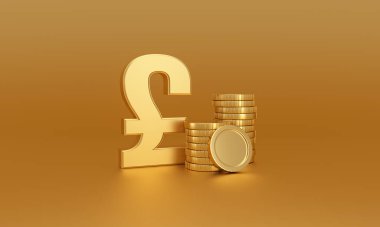 Altın arka planda altın para yığınının yanında para sembolü. Döviz bürosu. 3d oluşturma.