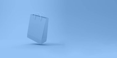 Mavi alışveriş torbası mavi arka planda uçuyor. 3d oluşturma.