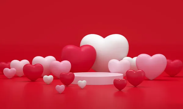 赤いスタジオの背景に心でいっぱいのバレンタインデーの表彰台 空の台座 3Dレンダリング — ストック写真