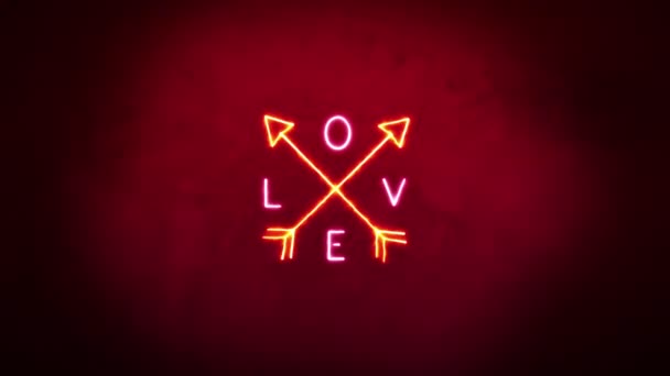 赤い壁の背景に矢印と愛のテキストのネオン発光ボード バレンタインデーのコンセプト 4Kビデオループ — ストック動画