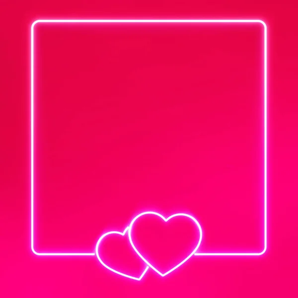 Valentine Fyrkantig Ram Neon Ljus Två Hjärtan Tillsammans Röd Bakgrund — Stockfoto