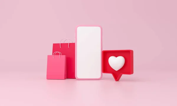 Shopping Bags Smartphone Icon Heart Pink Background Rendering — Foto Stock