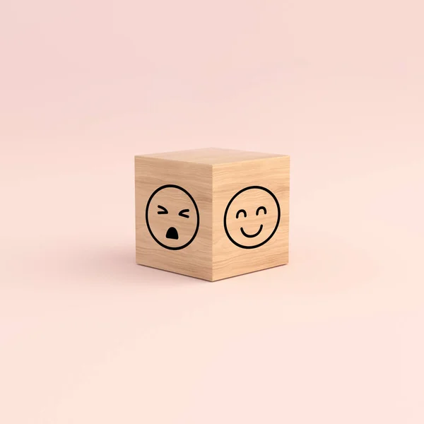 Šťastná Špatná Tvář Dřevěné Kostky Růžovém Pozadí Hodnocení Služeb Zákazníkům — Stock fotografie