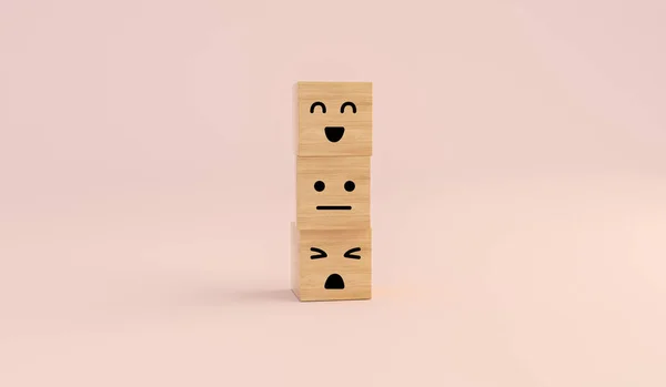 Ευτυχισμένο Χαμόγελο Πρόσωπο Λυπημένος Και Θυμός Ξύλινος Κύβος Ροζ Φόντο — Φωτογραφία Αρχείου