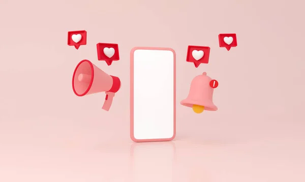 通知消息铃 智能手机 Megaphone和类似心脏图标在极小的粉红色背景 3D渲染 — 图库照片