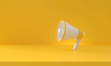 Sarı arka planda megafon. 3d oluşturma.