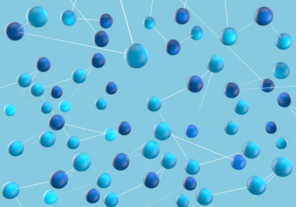 Spojení Atomů Modrém Pozadí Částice Létají Vykreslování — Stock fotografie