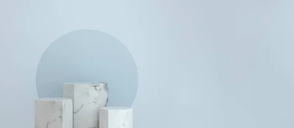 Espositore Piedistallo Esagonale Marmo Panoramico Sfondo Blu Con Studio Minimalista — Foto Stock