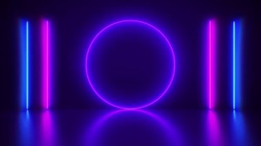 Neon soyut arka plan, daire şeklinde lazer gösterisi pembe ve mavi spektrum renkli çizgiler, parlak çizgiler neon ışıklar, sanal gerçeklik, yuvarlak portal. 4K video.