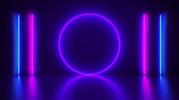 Neon Abstracte Achtergrond Laser Show Cirkel Lijnen Roze Blauw Spectrum — Stockvideo