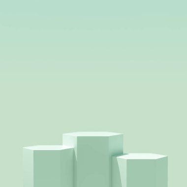 Altıgen platform podyumu. Ürün sergisi için yeşil zemin üzerinde doğal ışık var. Boş podyum platformu. 3B Hazırlama.