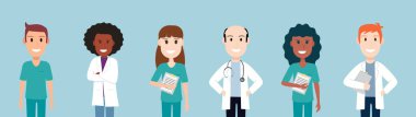 Farklı etnik kökenden ve cinsiyetten doktorlar. Afrikalı, Avrupalı erkek ve kadın tıbbi ekip elemanları. Vektör illüstrasyonu.