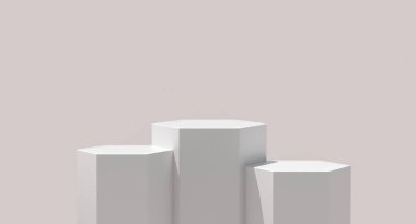 Altıgen platform podyumu. Ürün sergisi için beyaz zemin üzerinde turuncu ışık var. Boş podyum platformu. 3B Hazırlama.