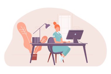 Hemşire ya da doktor bilgisayarın önünde danışmanlık yapıyor. Vektör illüstrasyonu.