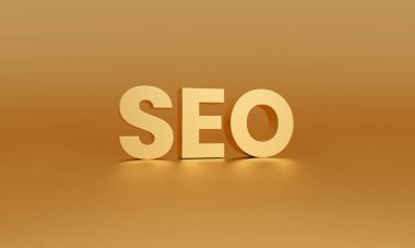 SEO, altın arka planda arama motoru optimizasyonu. Strateji web konsepti. 3d oluşturma.