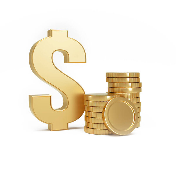 Dollar money symbol next to Stack of gold coins on a isolated white background. Currency exchange. 3d rendering.